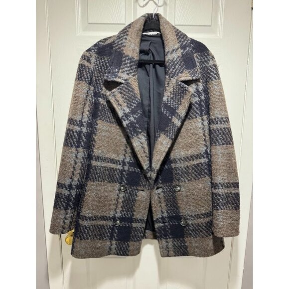 Zara Jackets & Blazers - Zara Women's Large Wool Blend Pea Coat Blue Brown Plaid Academia Preppy Career